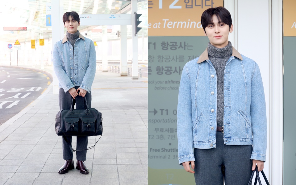 [공항패션] 황민현, 칼라 배색 청재킷으로 캐주얼룩 완성 831-Image